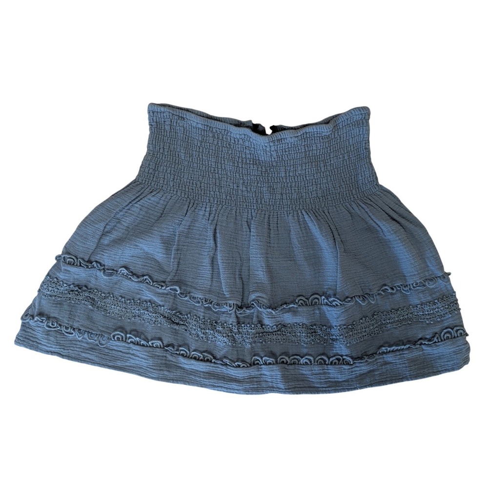 Alice Blue Smocked Waist Mini Skirt Blue Cotton Gauze Crochet Lace Ruffle L Boho - Picture 6 of 9